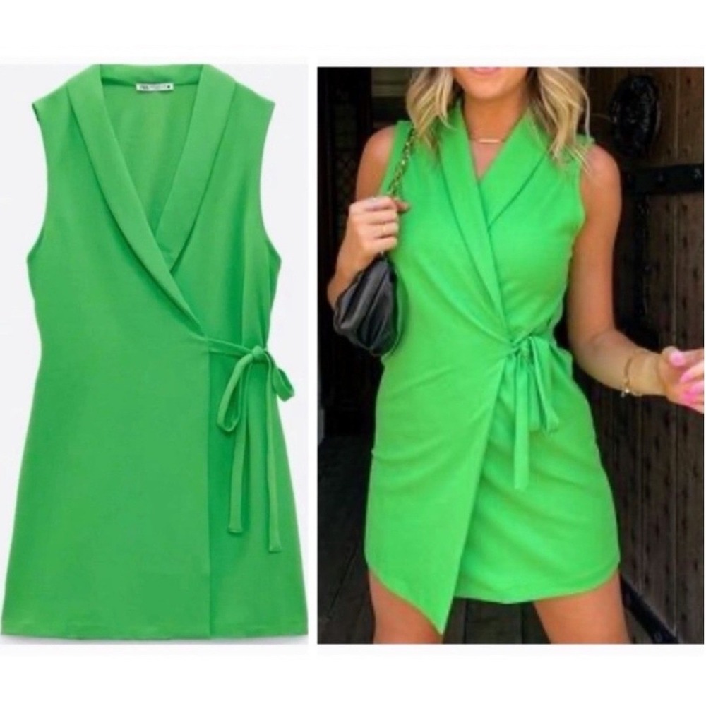 NWT Zara Wrap Mini Dress‎ Women Medium Green Sleeveless Shawl Collar Side Tie